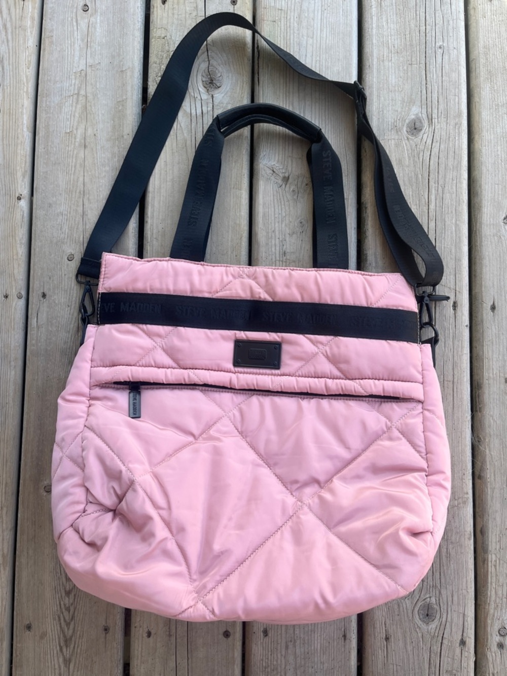 Steve Madden Quilted Pink Puffy Tote with Hand Straps and Crossbody Strap